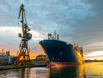 A container ship docked beside a port crane at sunset